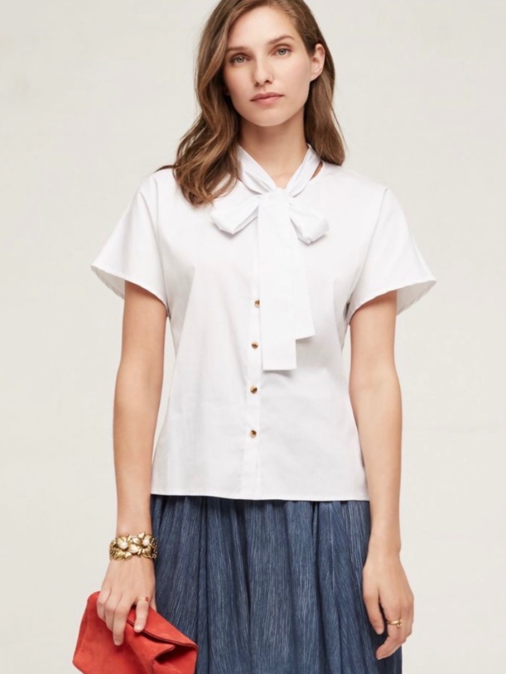 Anthropologie Maeve White Poplin Tie Neck Button Down Short Sleeve Blouse NWOT S